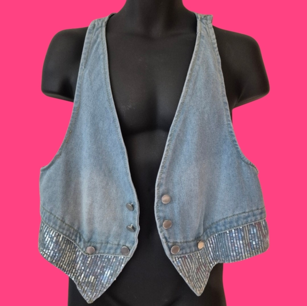 Faded Blue Denim Vest with Sequin Trim And Bow 2xl